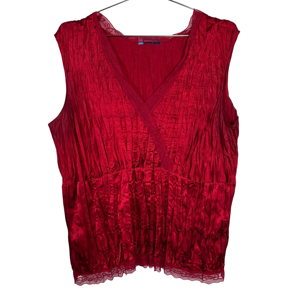 Romantic Red Sleeveless‎ Blouse Crinkle Lace Trim V-Neck Penningtons 2X